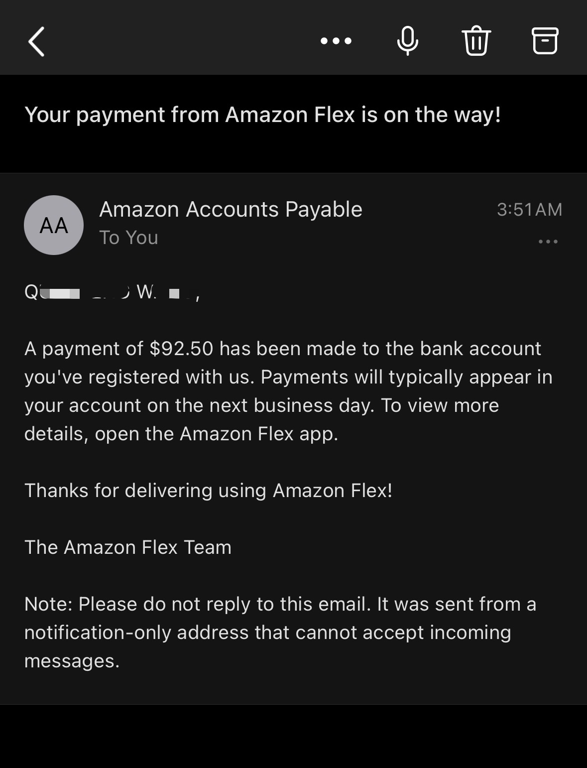 Amazon Flex发来的邮件,通知正在付款(92.5美元)